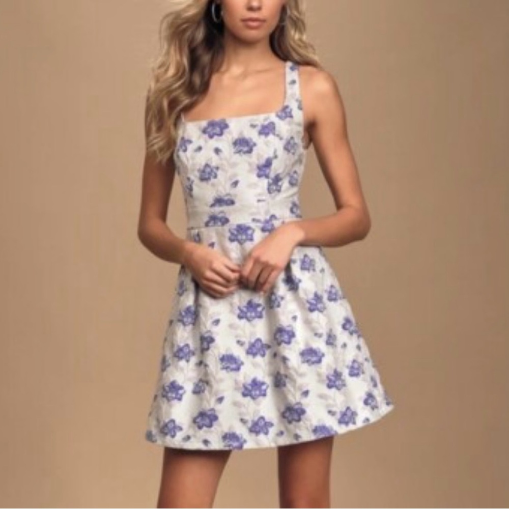Lulu's Wondrous Wildflower White Floral Jacquard Pleated Skater Dress